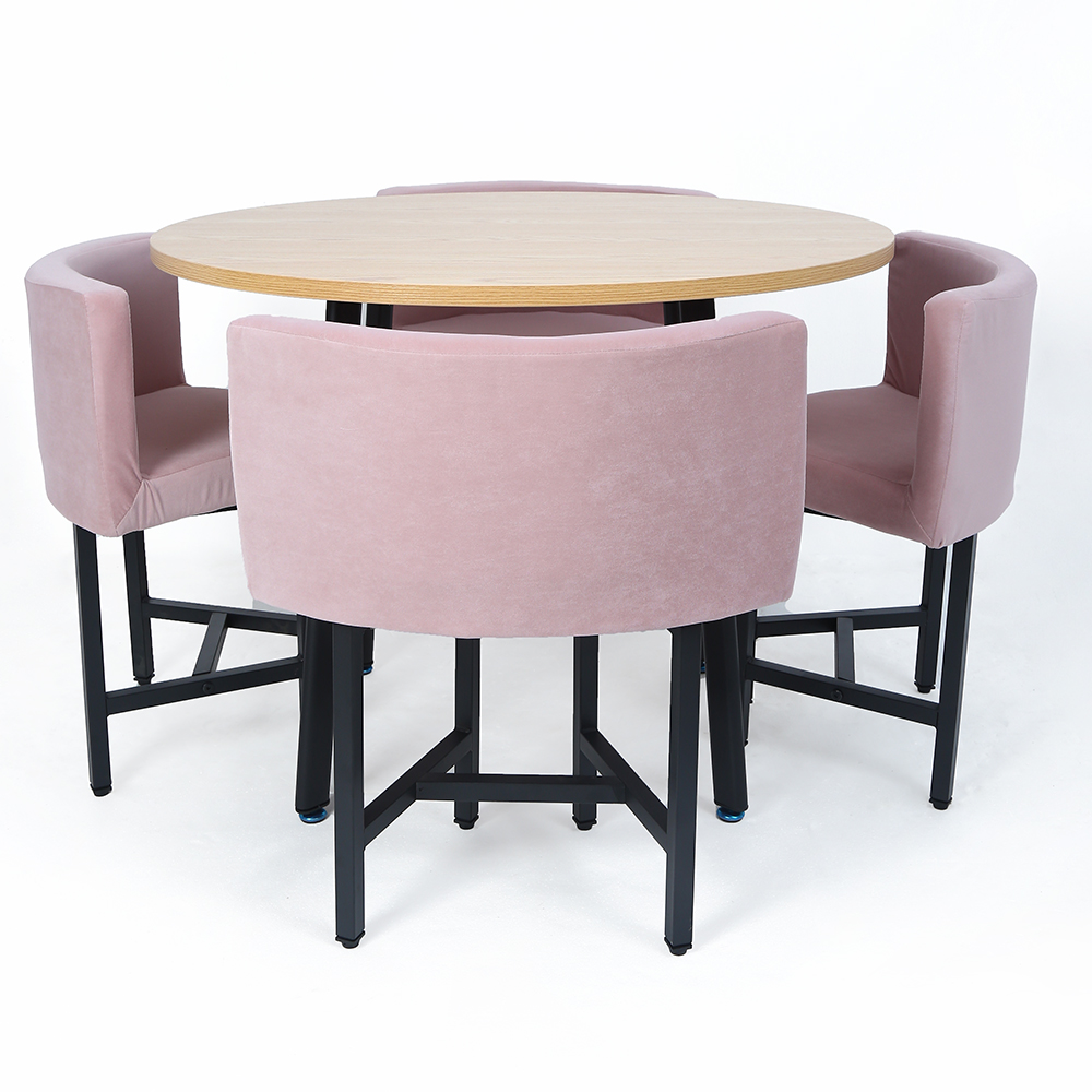 40" runder kleiner Esstisch aus Holz, Set mit 4 rosa gepolsterten Stühlen für Nook Balkon