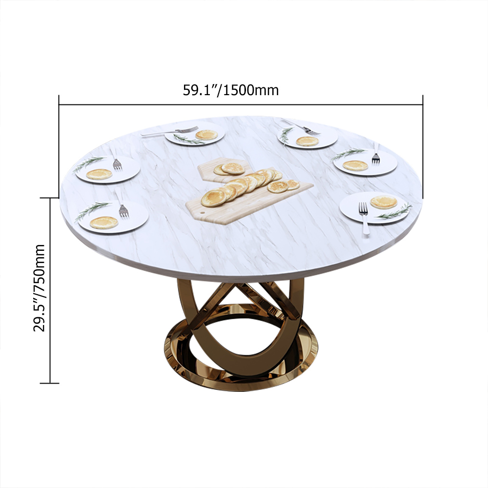 1500mm Modern White & Gold Round Marble Dining Table with Stainless Steel Pedestal