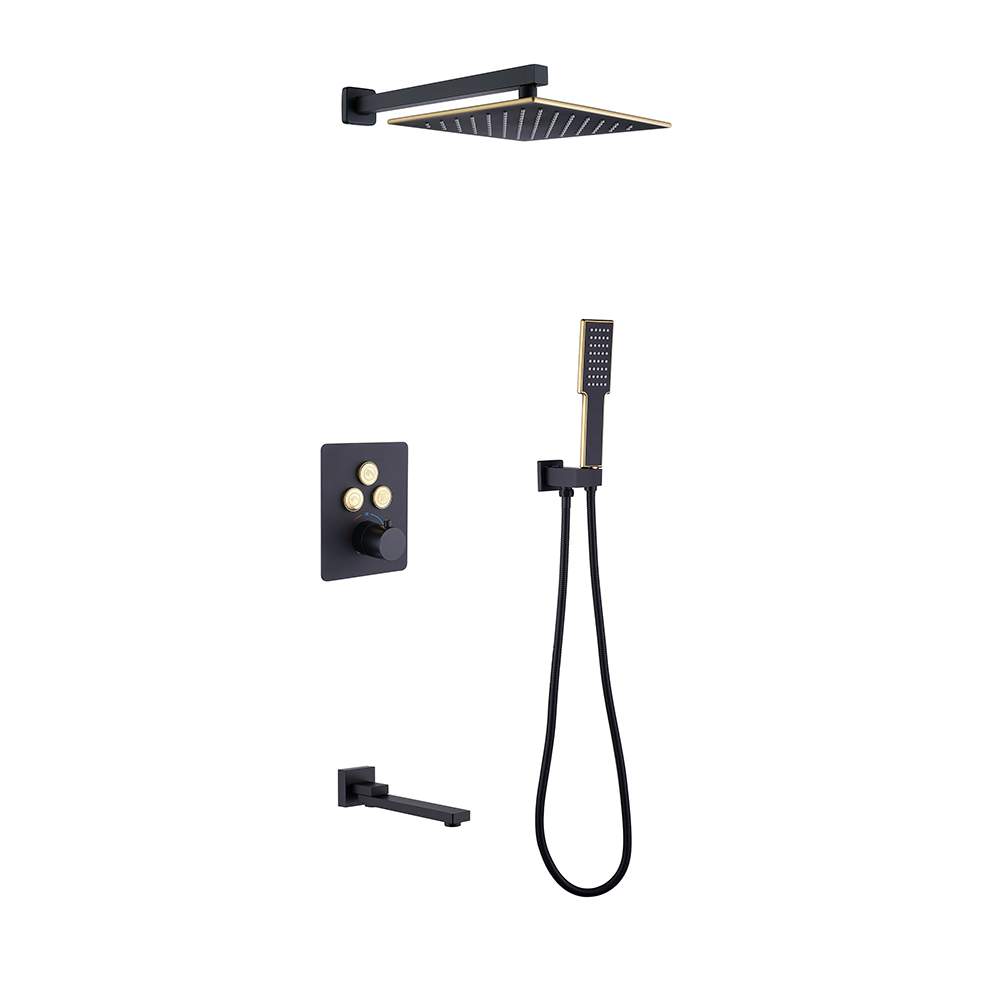 250mm Thermostatic Wall-Mount Rain Shower Set 3-function with Hand Shower Black & Gold