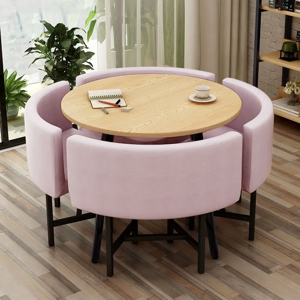 1000mm Round Wooden Small Dining Table Set of 4 Pink Upholstered Chairs for Nook Balcony