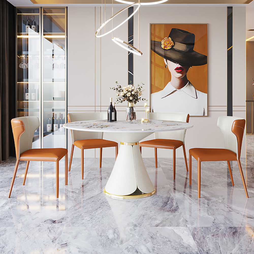 Table de salle à manger ronde en pierre blanche avec cadre en acier inoxydable doré