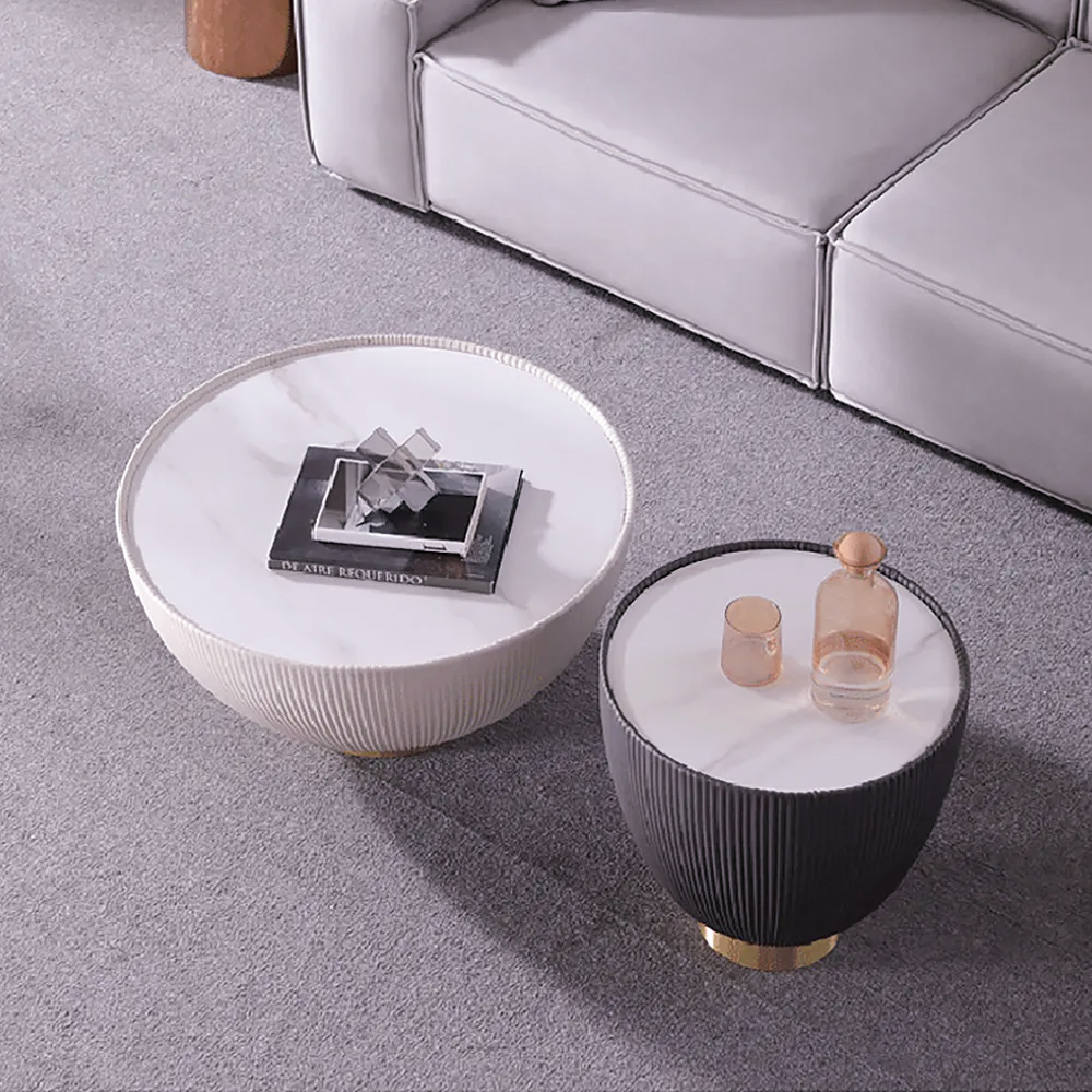 Modern Beige Drum Coffee Table Stone Round PU-Leather Accent Table in Gold