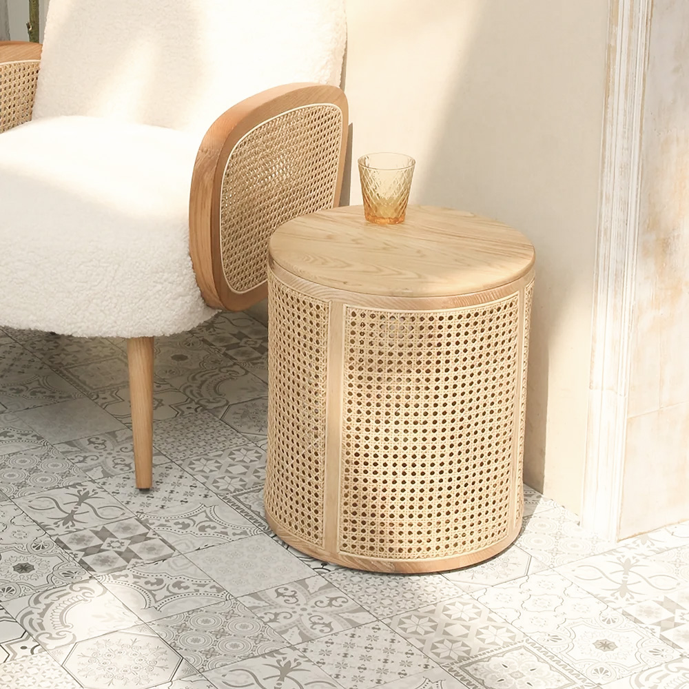 Japandi Round End Table with Storage Rattan Side Table