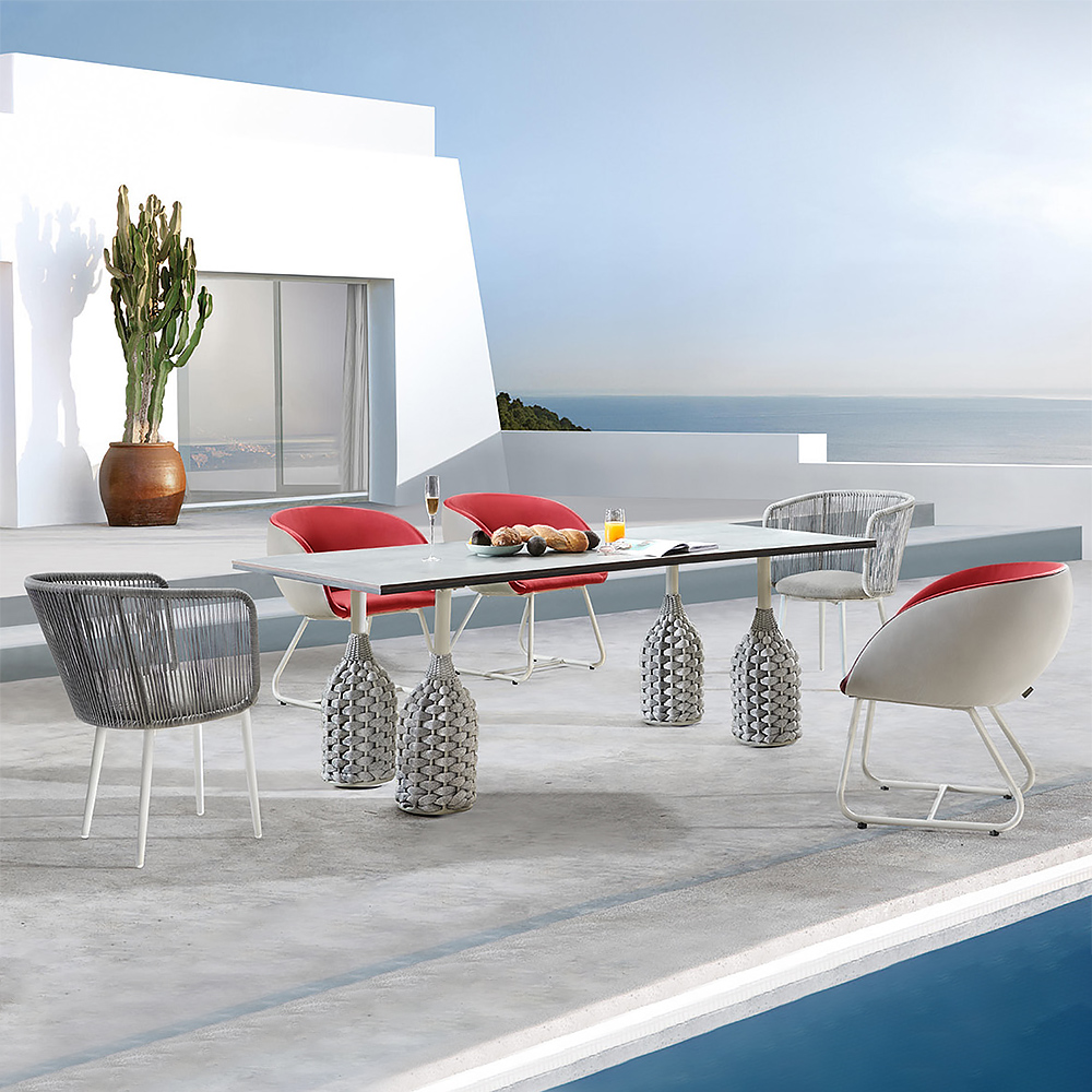 

7 Pieces Modern Outdoor Dining Set with Retangular Table & Leather Chairs Woven Chairs