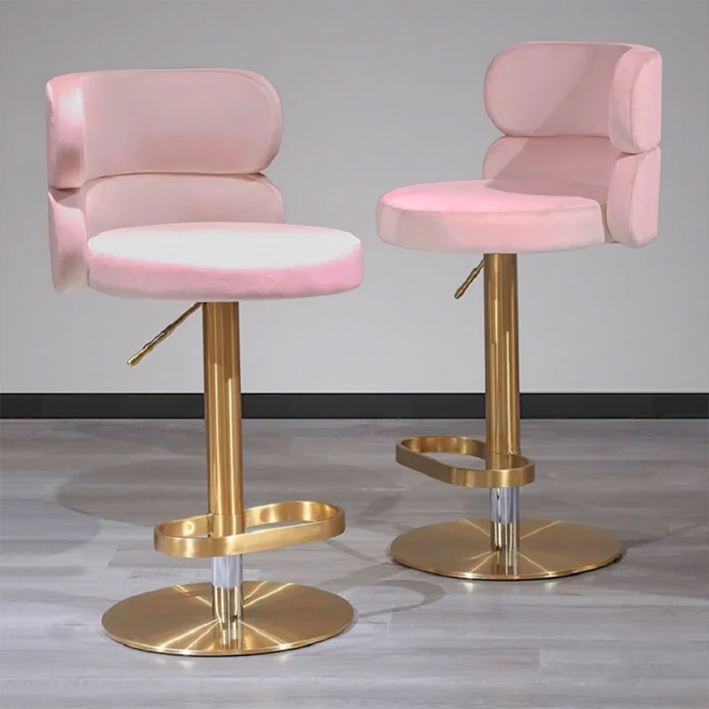 

Swivel Bar Stool with Backrest Adjustable Height Pink Velvet Upholstery in Gold Finish