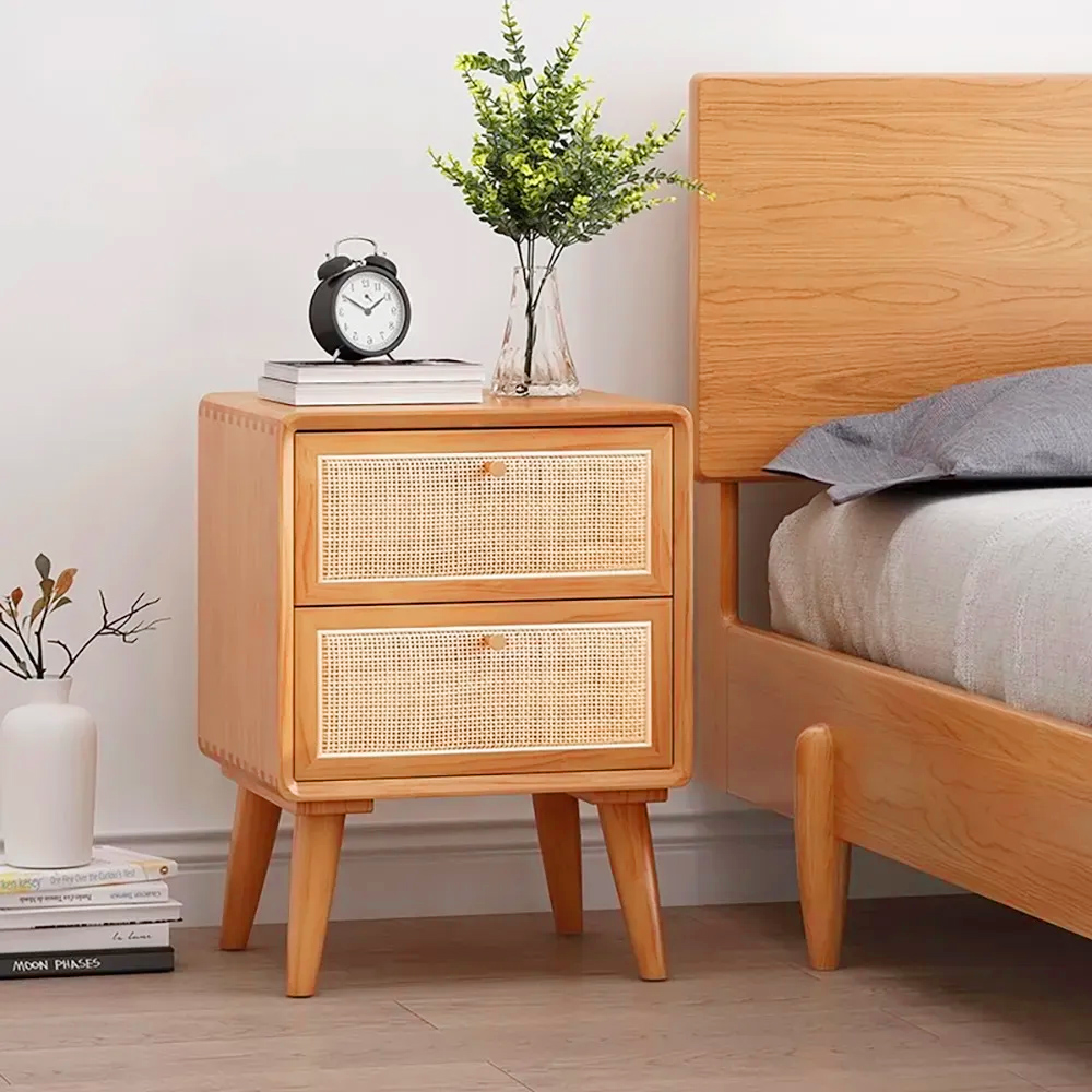 Japandi Natural Rattan Nightstand Solid Wood Bedside Table with 2 Drawers