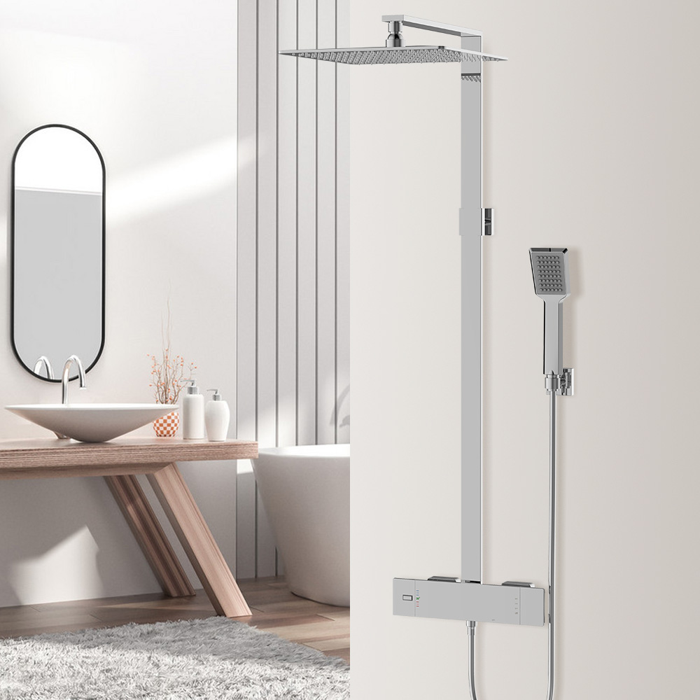 

10" Exposed Wall-Mount Square Rain Shower System 2-function with Hand Shower Ultra-Thin