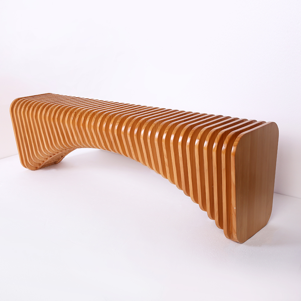 Modern Natural Wooden Curved Hallway Bench Seat Vertical Linear Surface