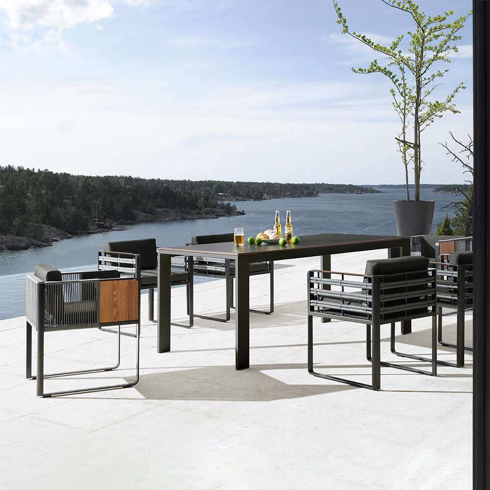 

7 Pieces Black Outdoor Patio Dining Set with Retangular Table & Teak Armchairs