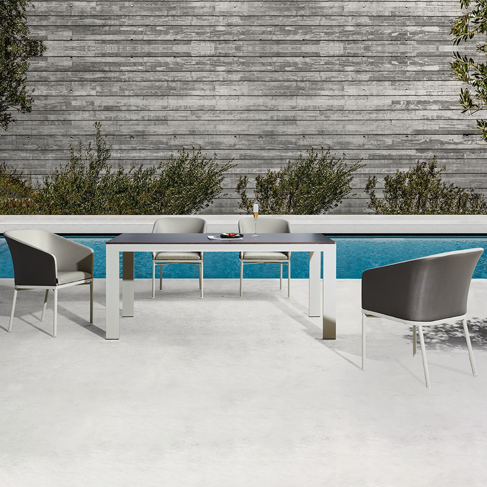 

7 Pieces Minimalist White & Gray Patio Dining Set with Retangular Table & Armchairs