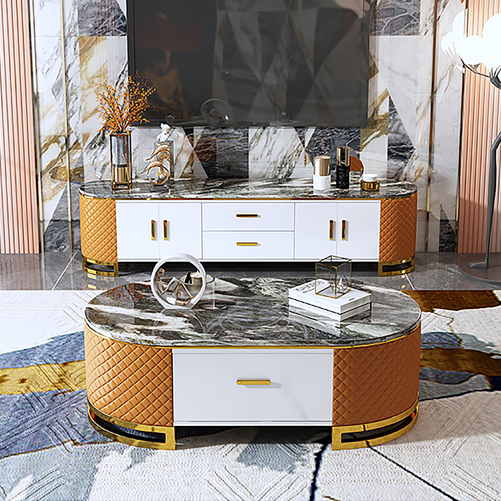 51.2" Modern Oval Marble Coffee Table with Storage Orange Microfiber Leather Upholstery