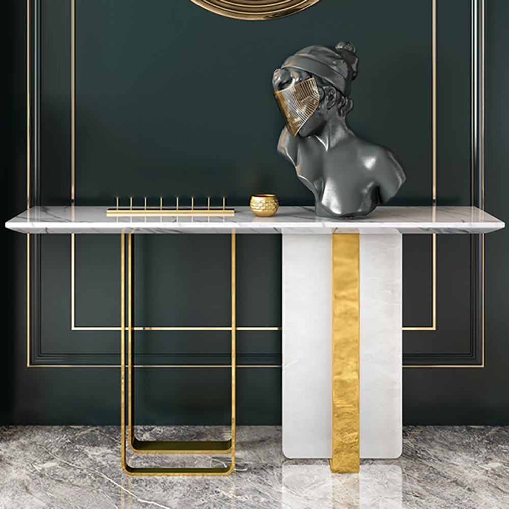 47.2" White Marble Rectangular Entryway Table Console Table Gold Stainless Steel Base