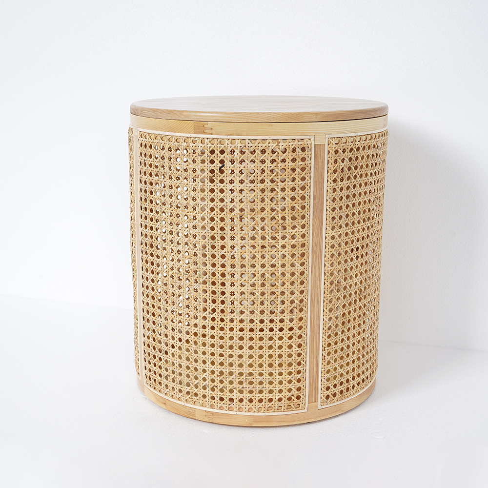 Japandi Round End Table with Storage Rattan Side Table Living Room