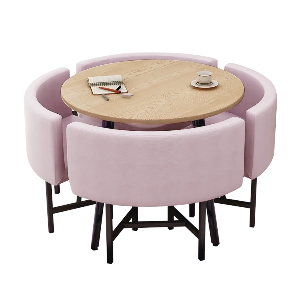 40" runder kleiner Esstisch aus Holz, Set mit 4 rosa gepolsterten Stühlen für Nook Balkon