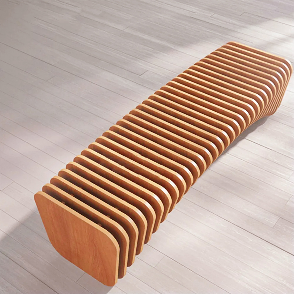 Moderno asiento de madera natural curvado para pasillo, vertical, superficie lineal