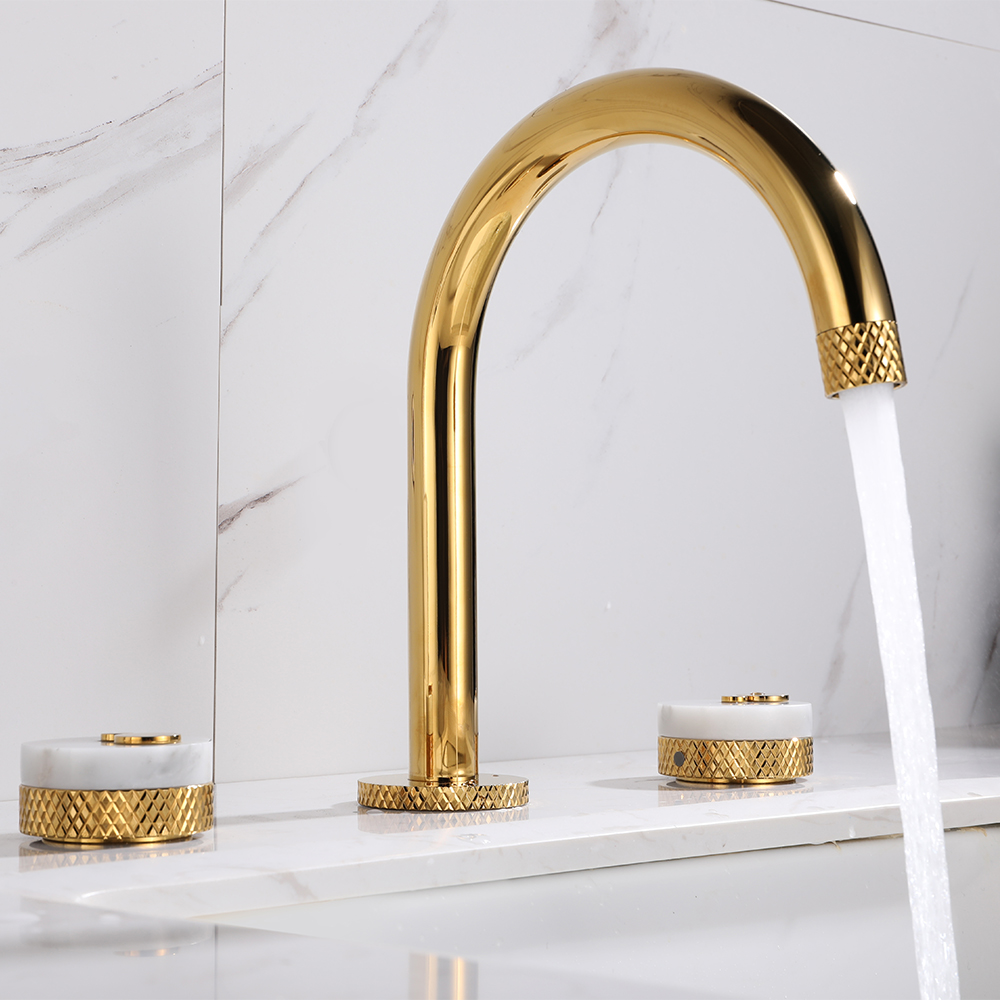 Gold Aerated Spout 3-Hole Bathroom Basin Tap Solid Brass