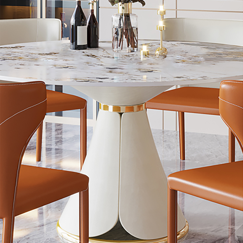 White Round Dining Table Golden Stainless Steel Frame