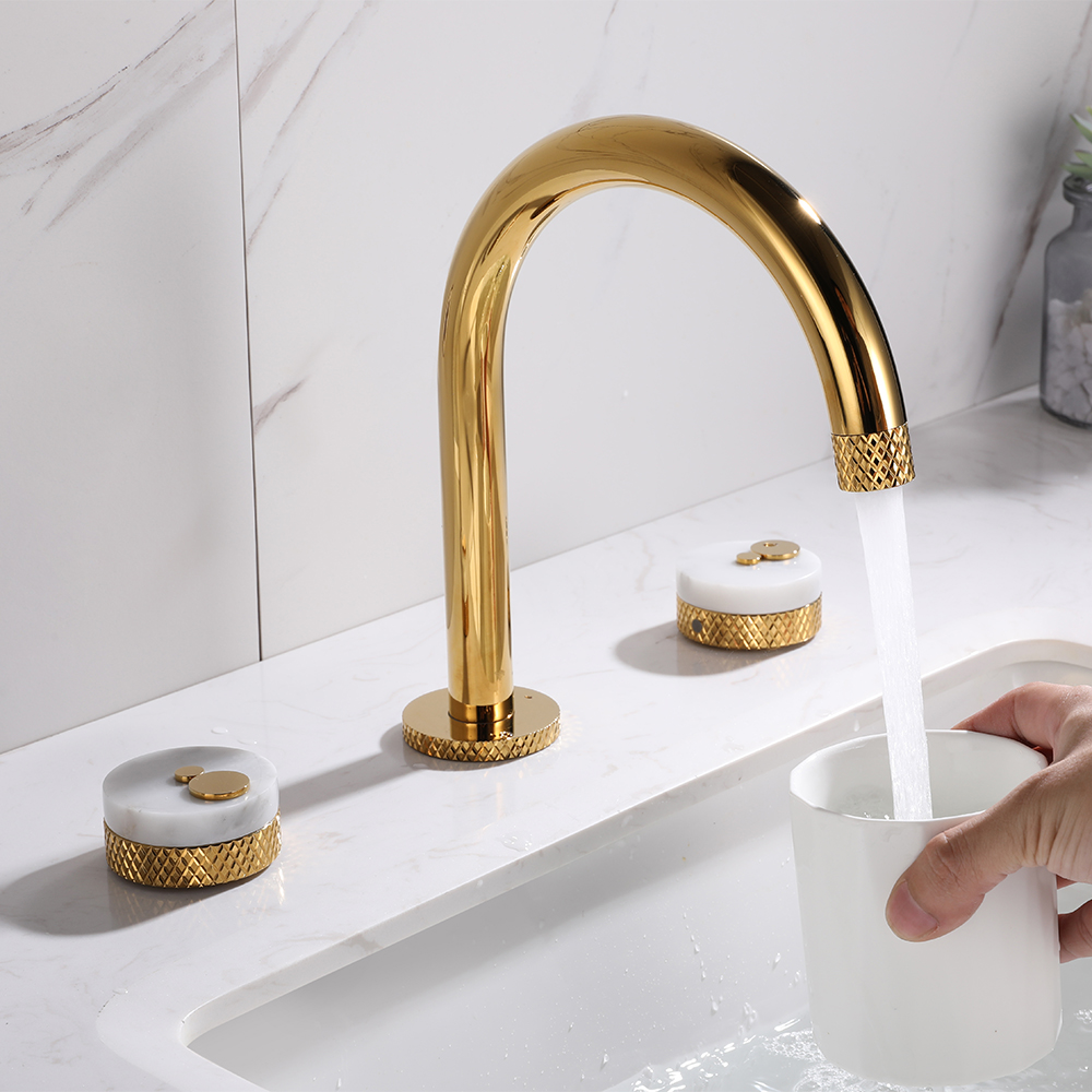 Gold Aerated Spout 3-Hole Bathroom Basin Tap Solid Brass