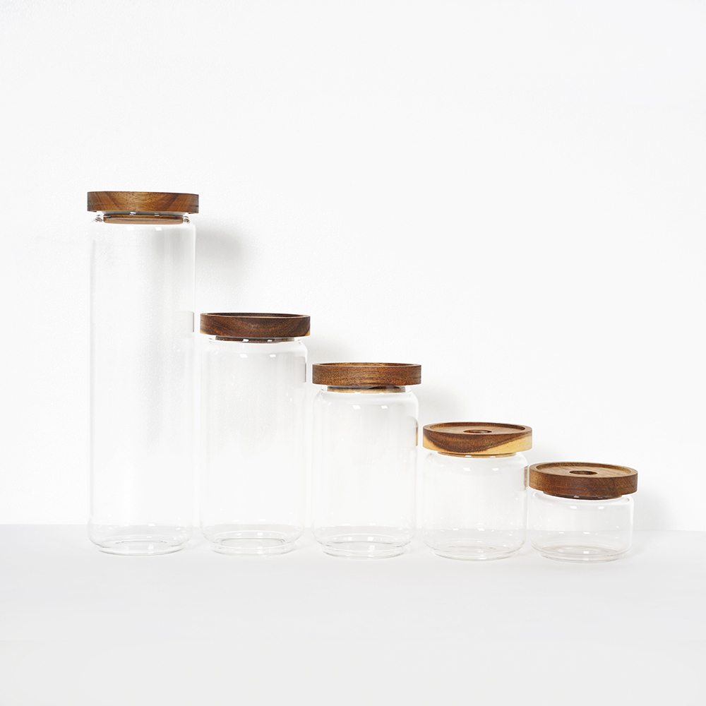 Vintage Cottage Clear Glass Kitchen Canisters with Wooden Lids Kitchen