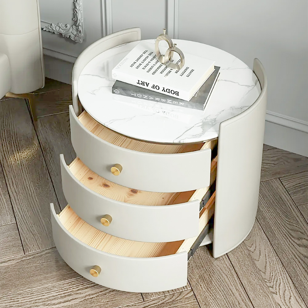 Table de chevet moderne en bois massif Table d'appoint ronde Beige Table de chevet 3 tiroirs