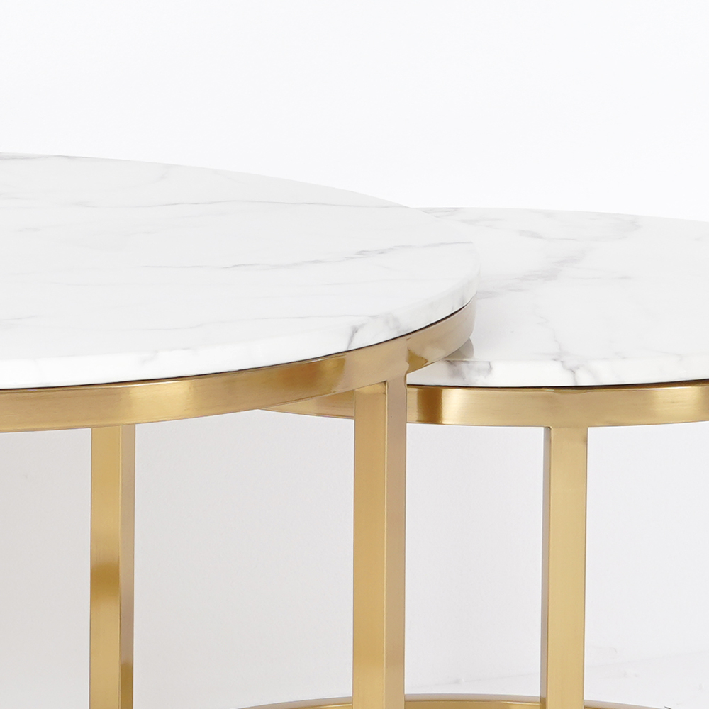 Modern Round Coffee Table Gold Metal & White Marble Accent Table with