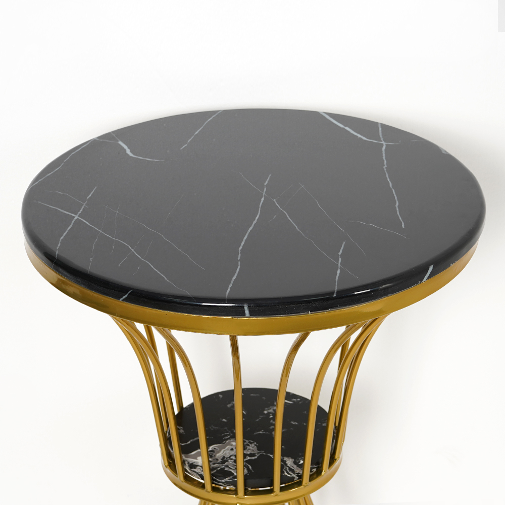 Black Round Faux Marble Side Table Spiral-Shaped End Table in Gold