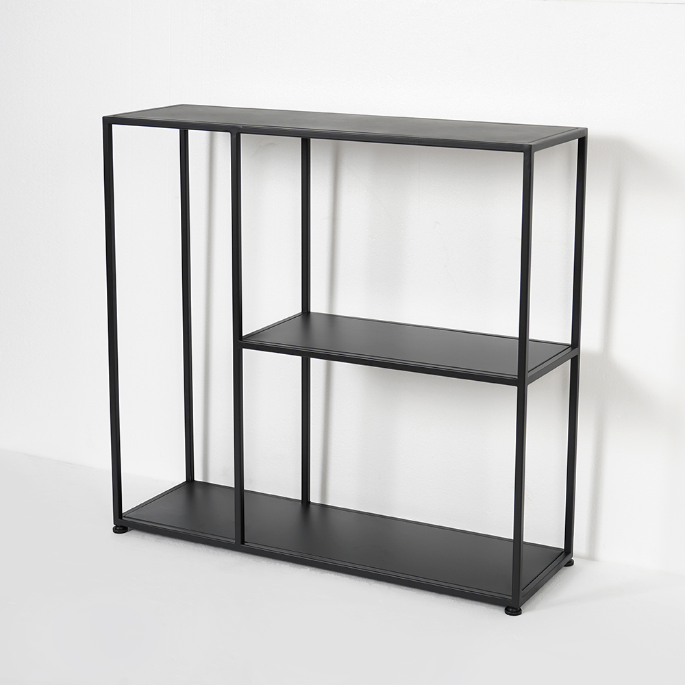 Black Rectangular Narrow Console Table with Shelves Industrial Metal-Homary