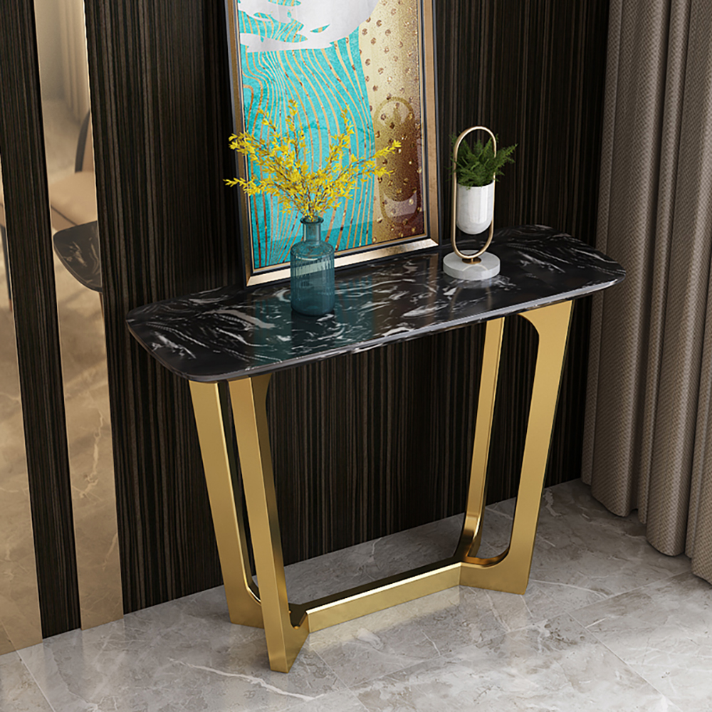 47.2" Black Modern Narrow Console Table With Marble Top & Stainless Steel Frame