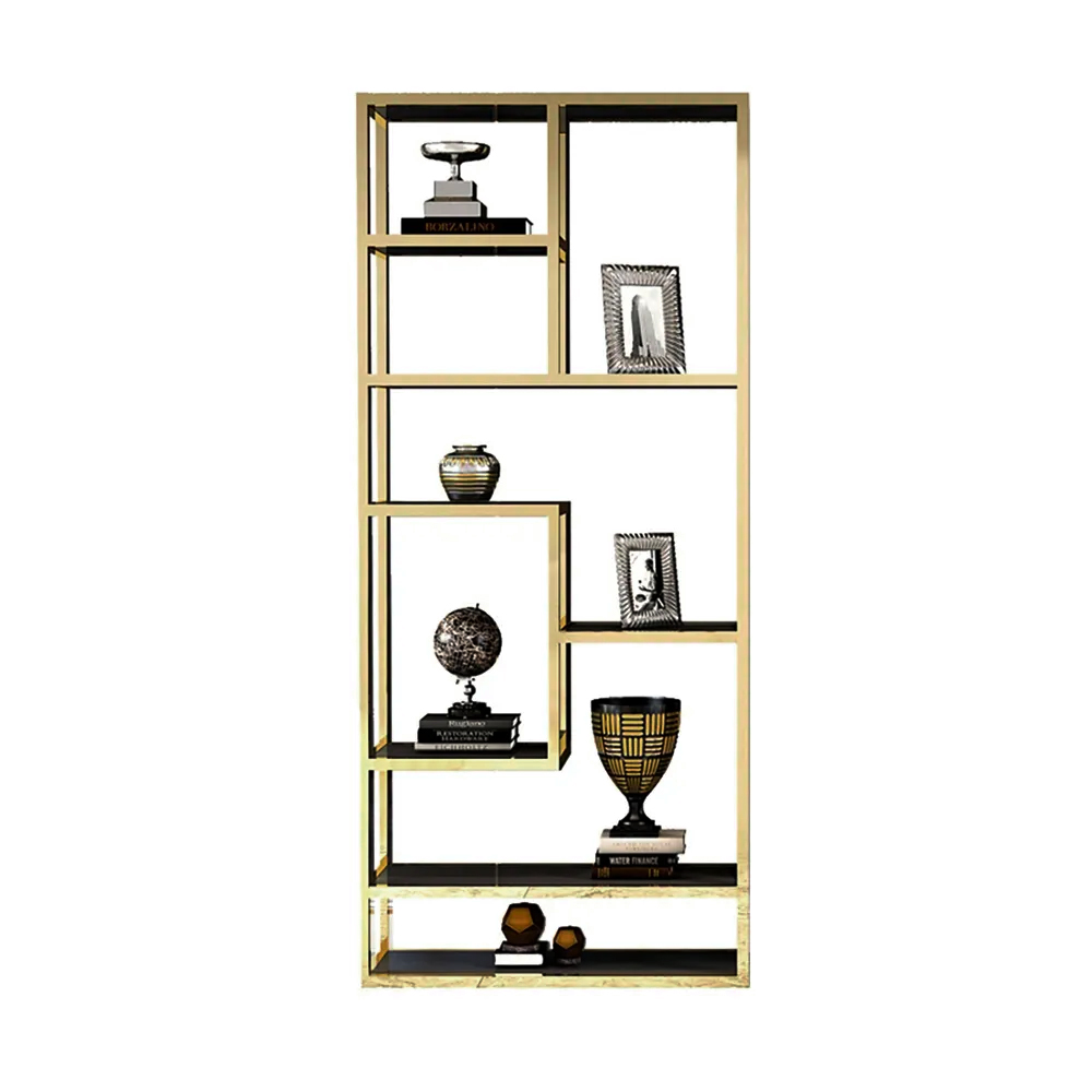 Geometrisches Bücherregal mit Luxus-Display in Gold & Schwarz
