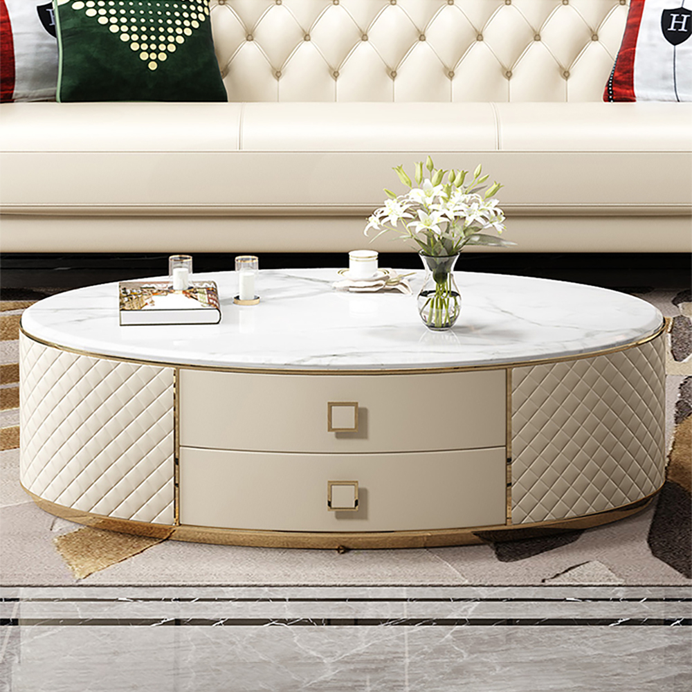 Modern White Oval Marble Top Coffee Table Microfiber Leather with 2 Drawers