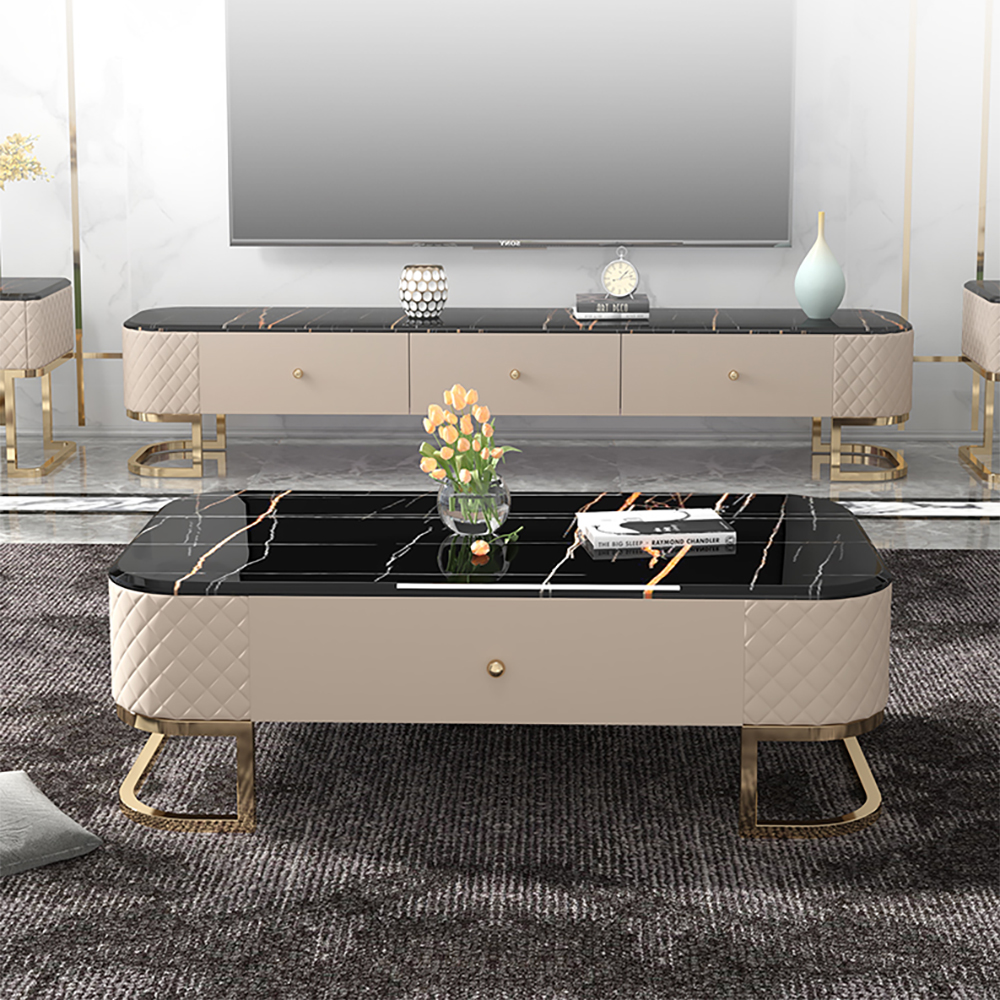 Modern Black Marble Coffee Table & TV Stand Set Stainless Steel Base 2 Pieces