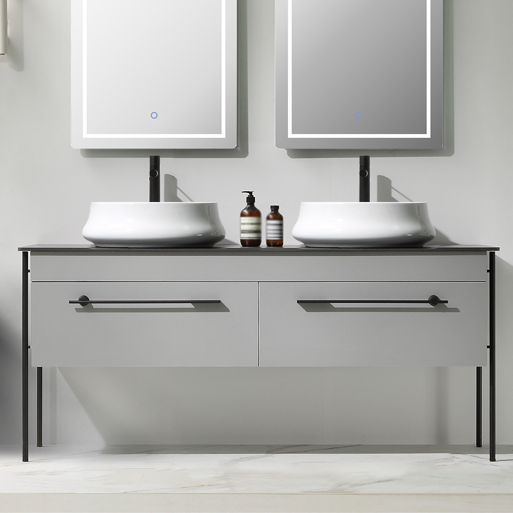 

63'' Freestanding Bathroom Vanity Top Double Vessel Sinks 2 Drawers in Gray