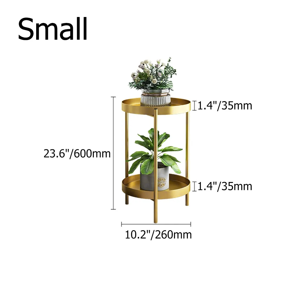 Support de plante rond en métal doré à 2 niveaux pour intérieur et extérieur en petit format