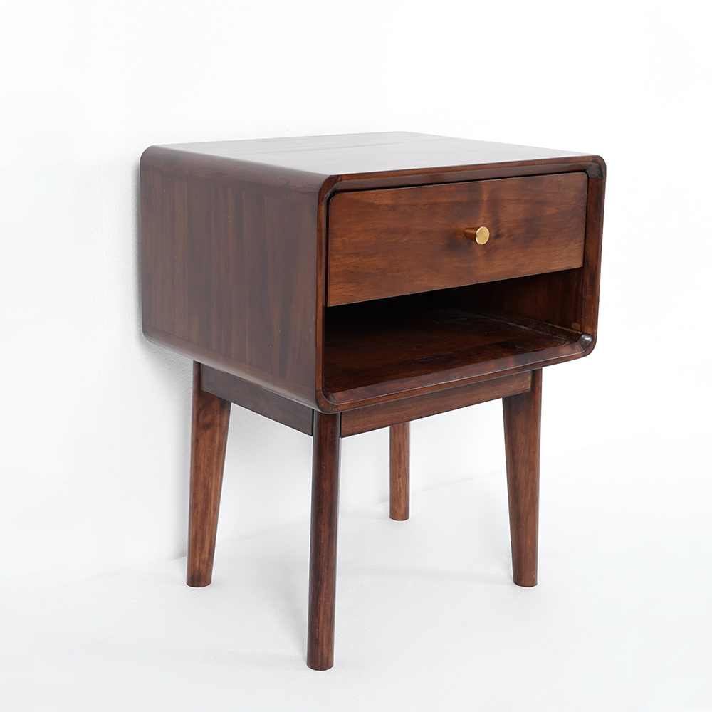 Mid-century Walnut Wooden Nightstand 1-Drawer Bedside Table with Brass Pull