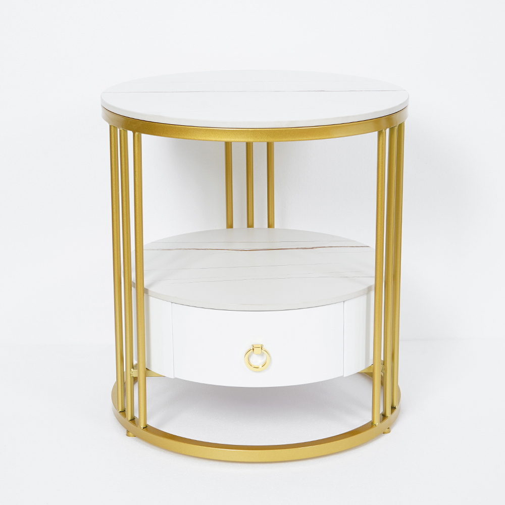 Modern White Round Nightstand with Marble-Top & Drawer & Shelf in Gold Base