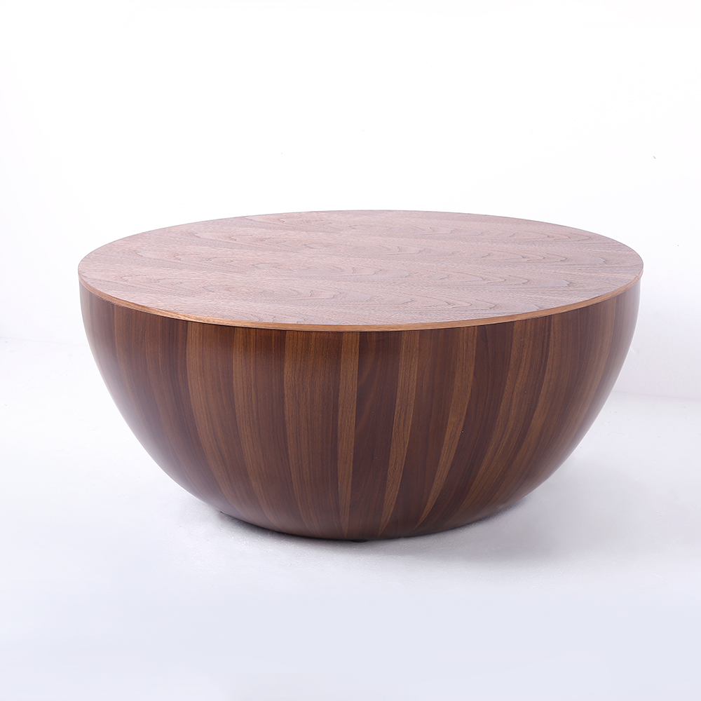 Round Drum Wood Coffee Table with Storage Walnut Bowl Shaped Coffee Table Style A