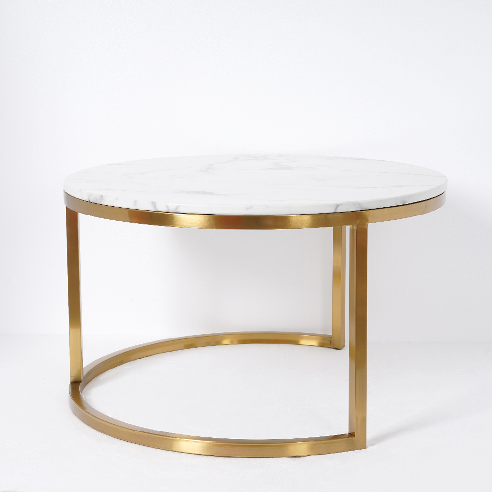 Nordic Round Coffee Table Gold Metal & White Marble Accent Table with Set of 2