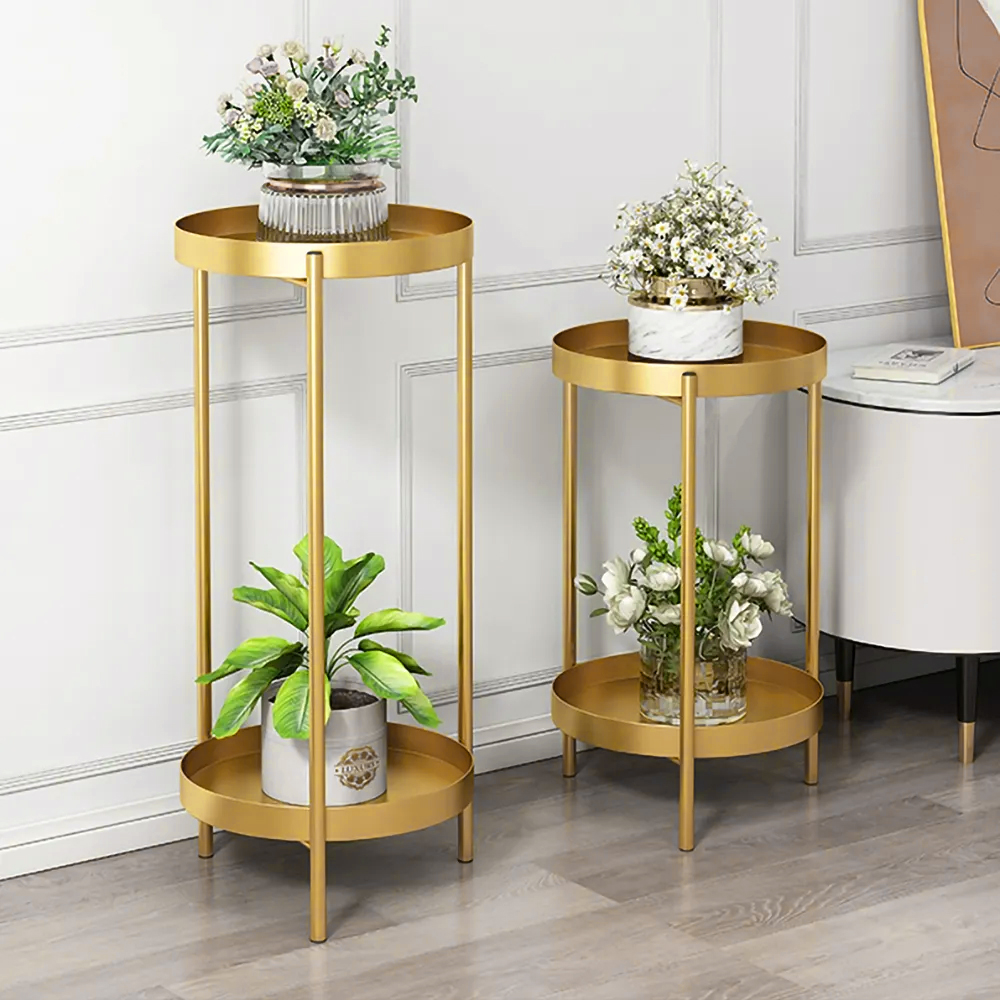 Support de plantes rond en métal doré à 2 niveaux pour intérieur et extérieur en grand format