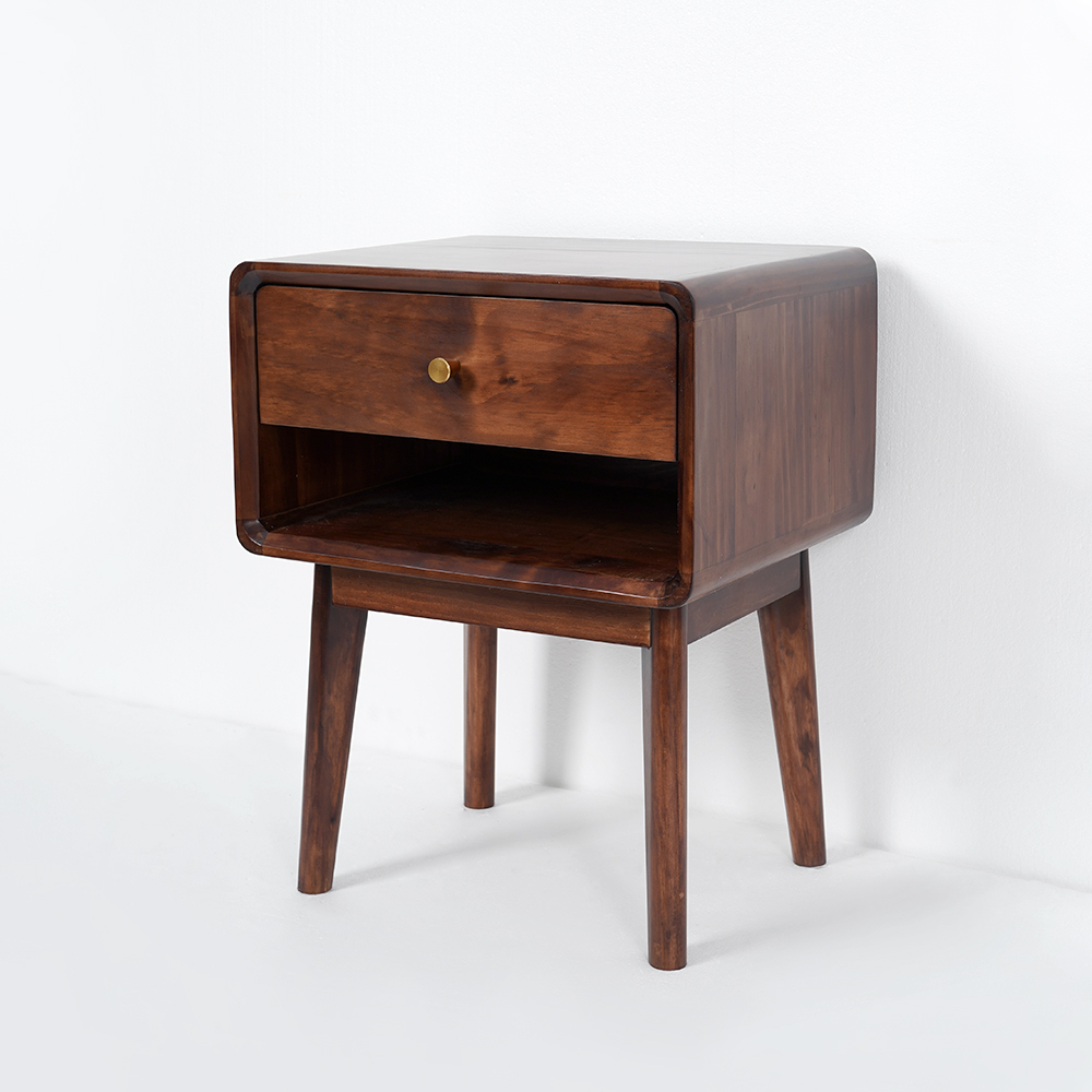 Mid-century Walnut Wooden Bedside Table 1-Drawer Nightstand with Brass Pull