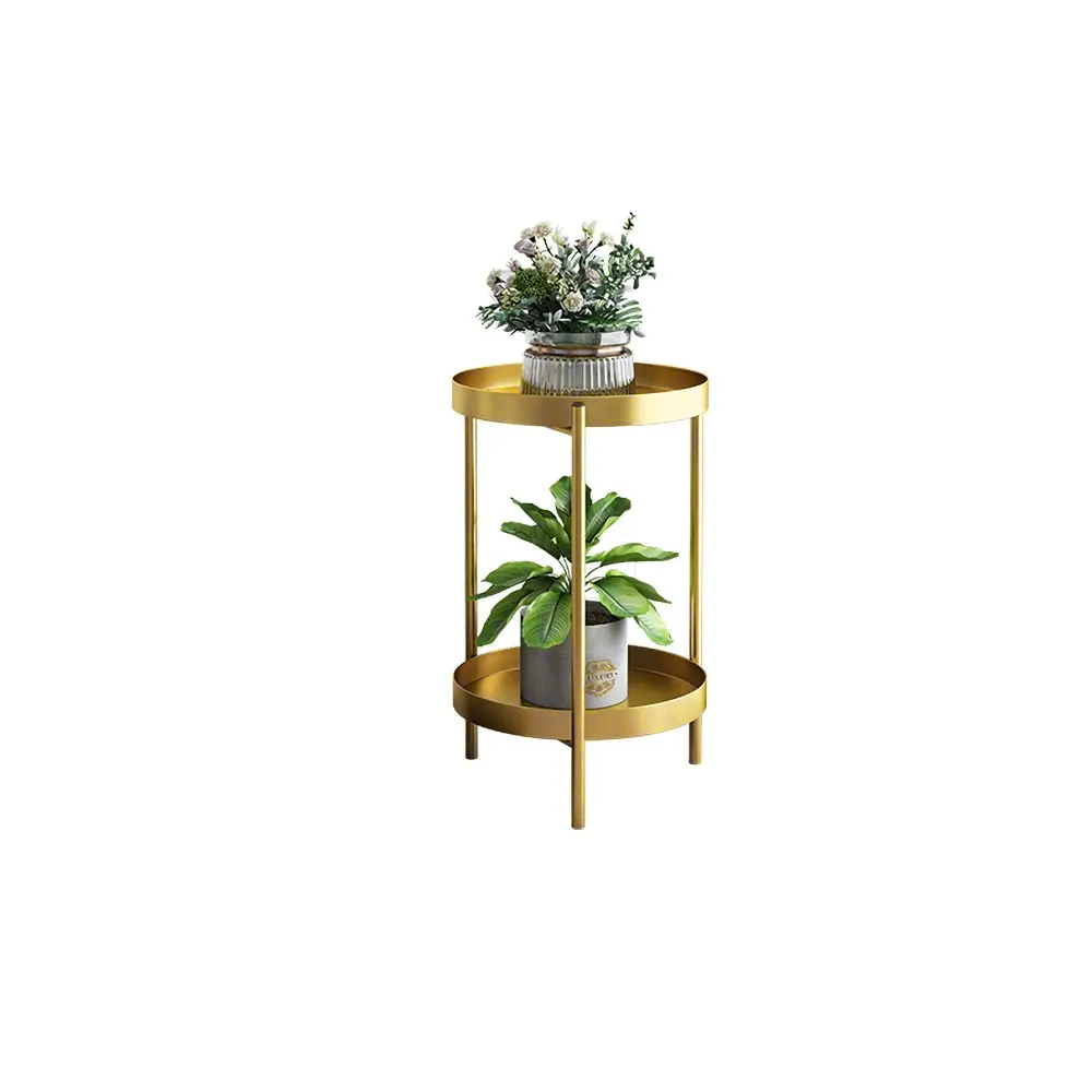 Support de plante rond en métal doré à 2 niveaux pour intérieur et extérieur en petit format