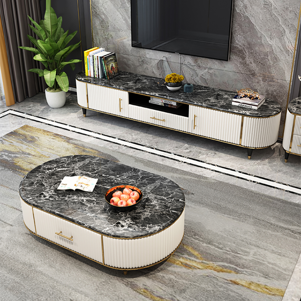 

Modern White & Black TV Stand & Coffee Table Set with 2 Drawers & 2 Doors
