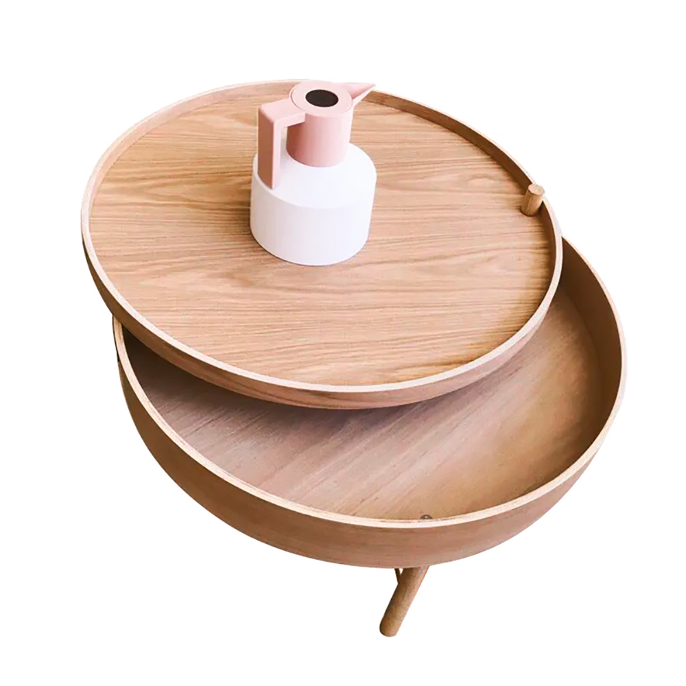 Modern Round Wood Rotating Tray Coffee Table with Storage & Metal Legs in Natural