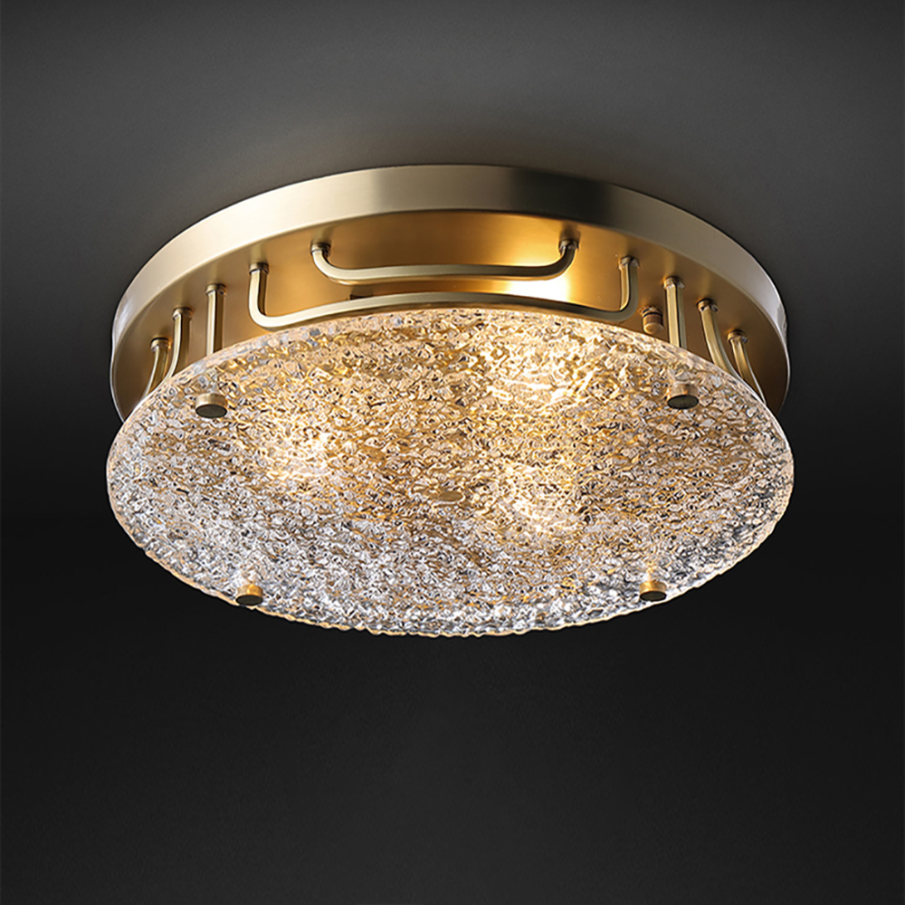 Round 3-Light Flush Mount Ceiling Light Water-ripple Glass with Brass Frame