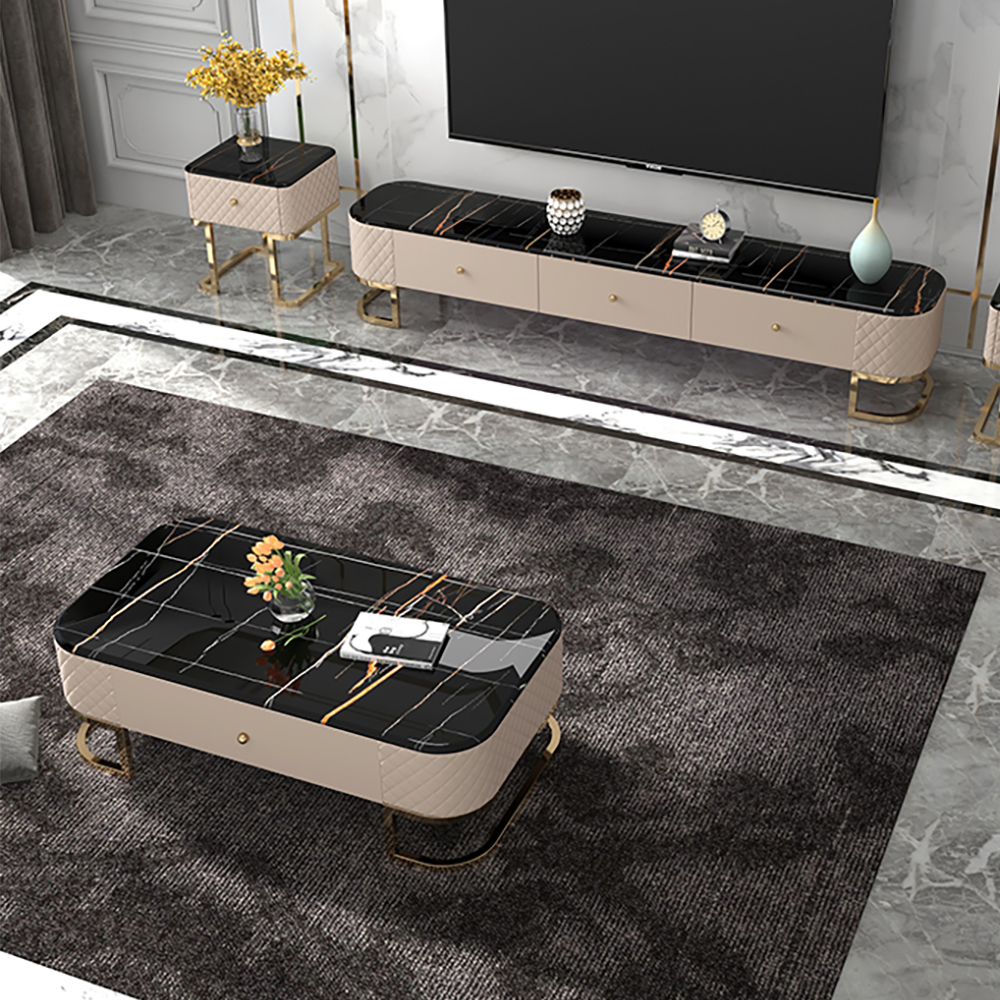 Modern Black Marble Coffee Table & TV Stand Set Stainless Steel Base 2 Pieces