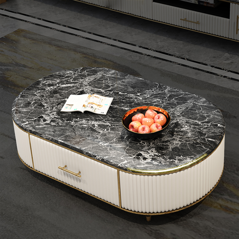 

White & Black Modern & Light Luxury Marble Top Coffee Table with 1 Drawer