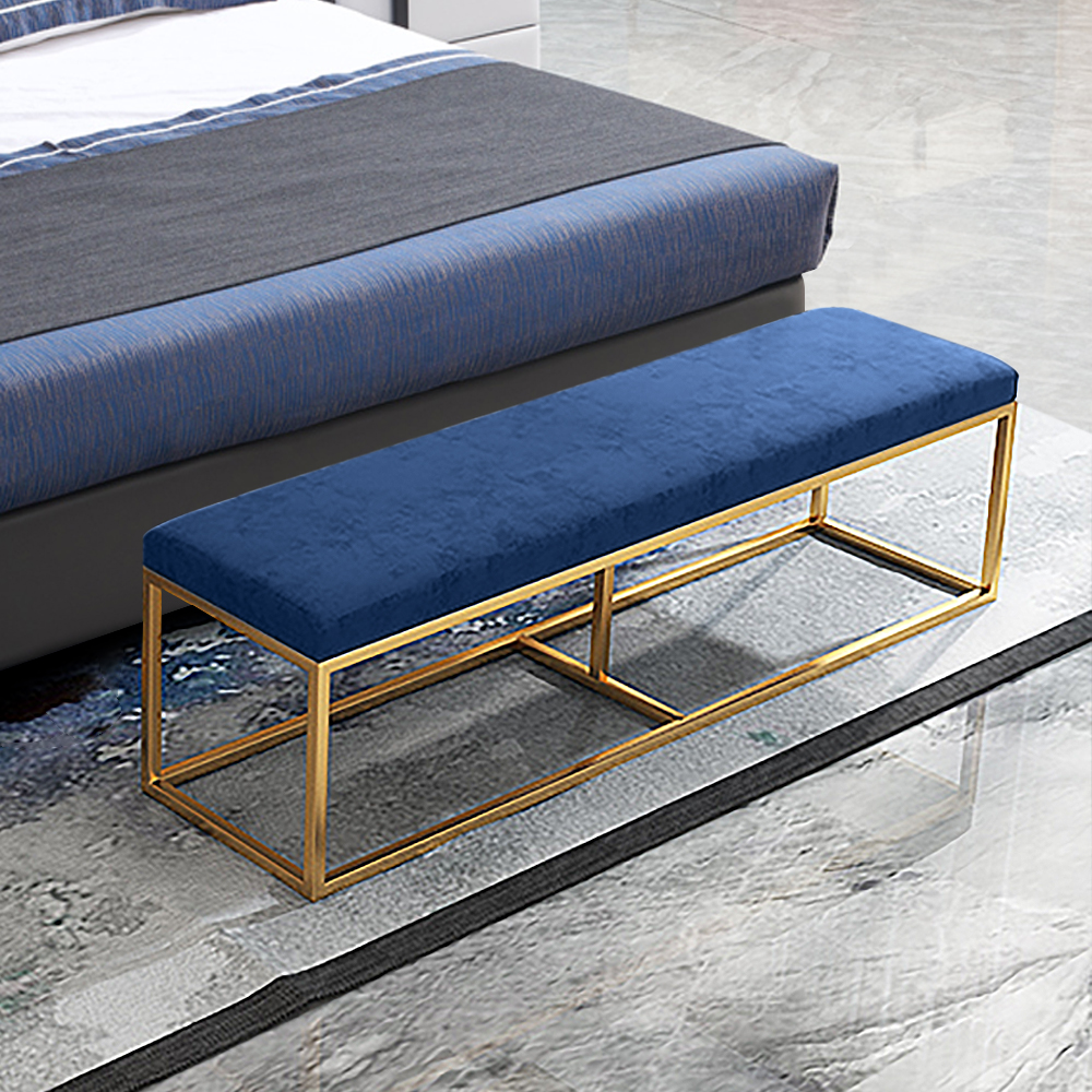 Image of Modern Blue Velvet Bedroom Bench with Gold Metal Frame