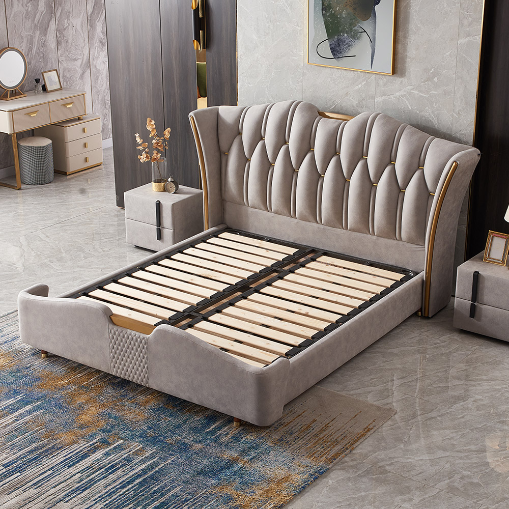 Light Gray Upholstered King Bed with Leath-Aire Wingback Headboard