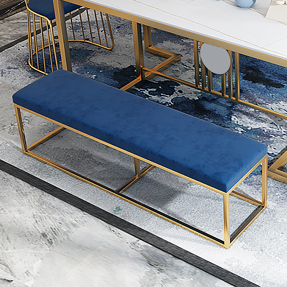 Modern Blue Velvet Bedroom Bench with Gold Metal Frame