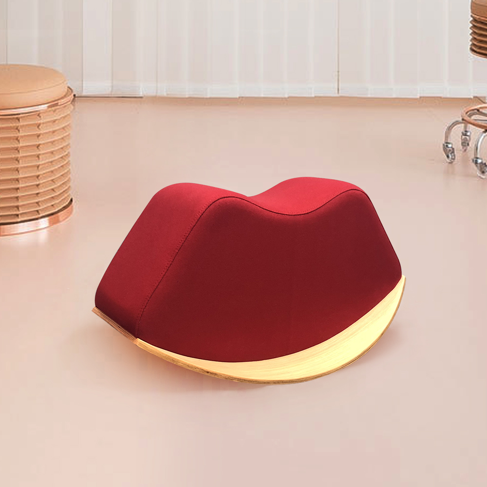 

Mouth-Shape Red Fabric Rocking Footstool with Wide Shelf Base