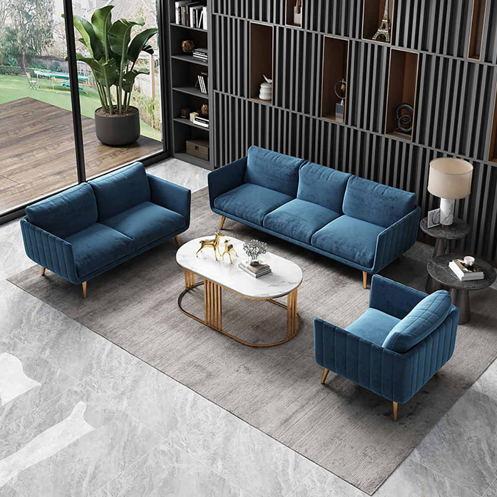 

3-Piece Modern Blue Velvet Living Room Sofa Set with Cushion Back